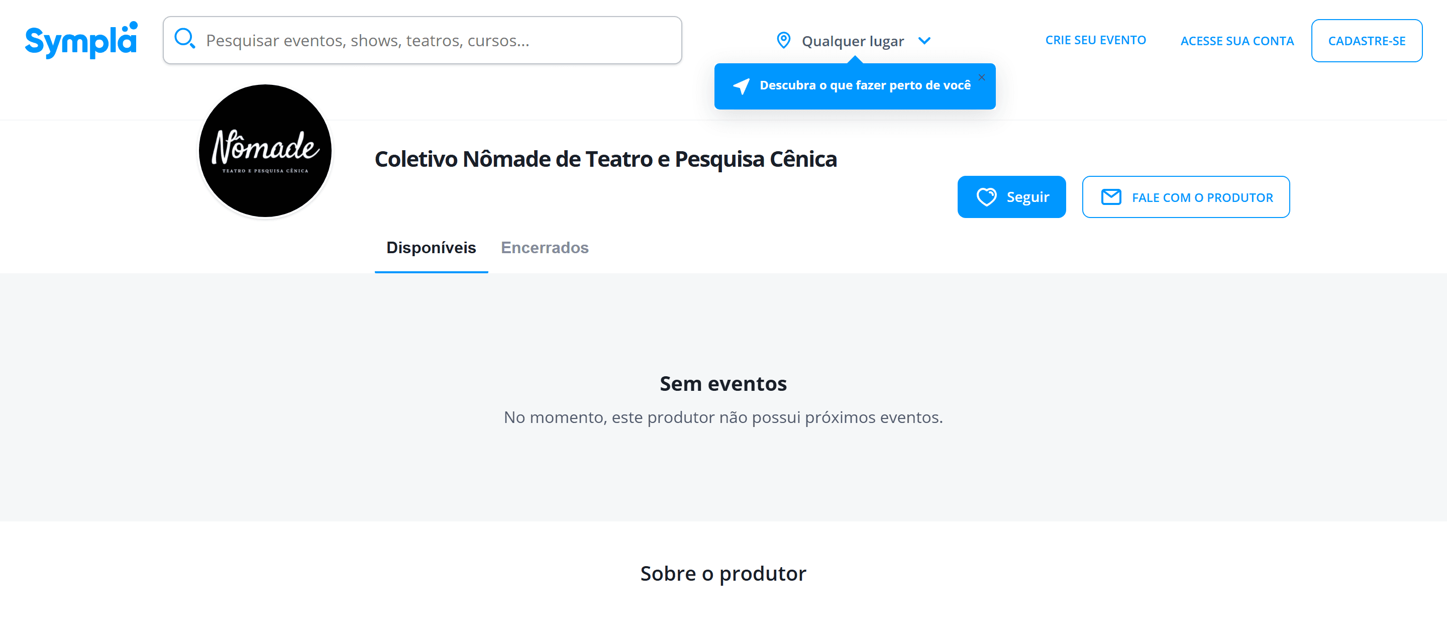 Recorte da publicação: Coletivo Nômade de Teatro e Pesquisa Cênica — página do produtor — Sympla
